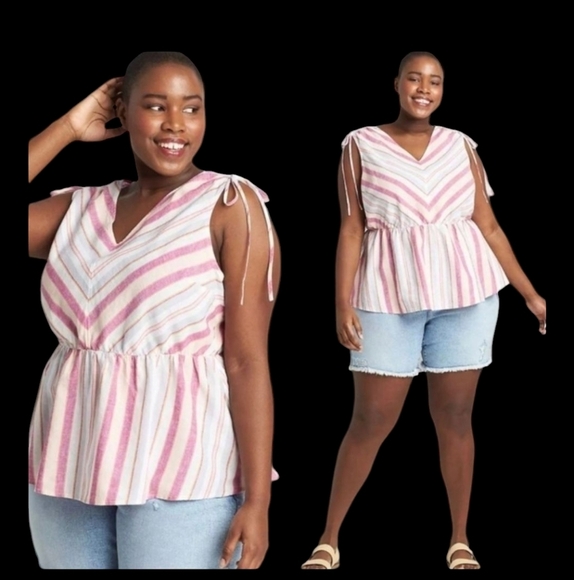 Lane Bryant linen pink Striped Tie-Shoulder Multi Color Top Size 30/32 4X  NWT - Picture 1 of 8